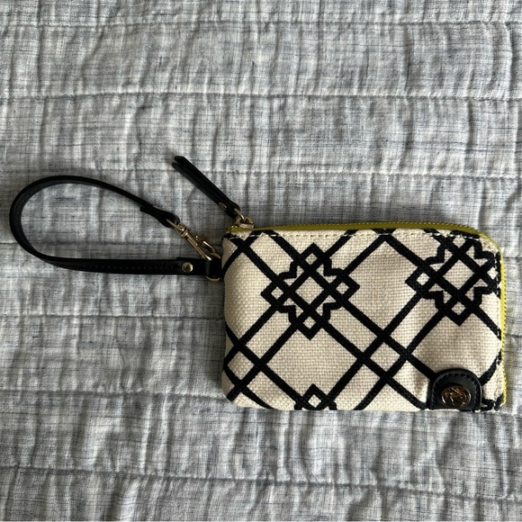 Spartina 449 Cream & Black Zip Wristlet Natural Linen Genuine Leather - Picture 3 of 12